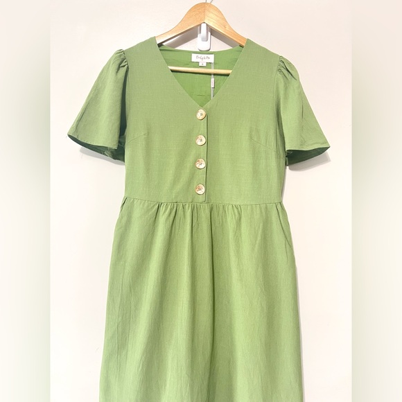 Emily & Me Midi Dress Khaki Green Cotton 
V-Neck Size 8 Bohemian Cottagecore - Picture 5 of 13